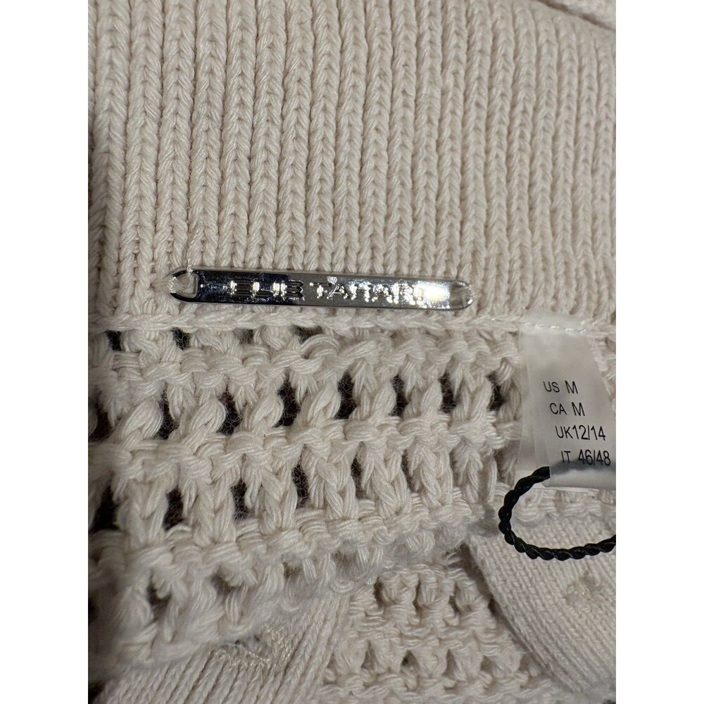 Elie Tahari women Beige Almond Striped Crochet Knit Polo Sweater sze Medium $285 - Picture 7 of 8